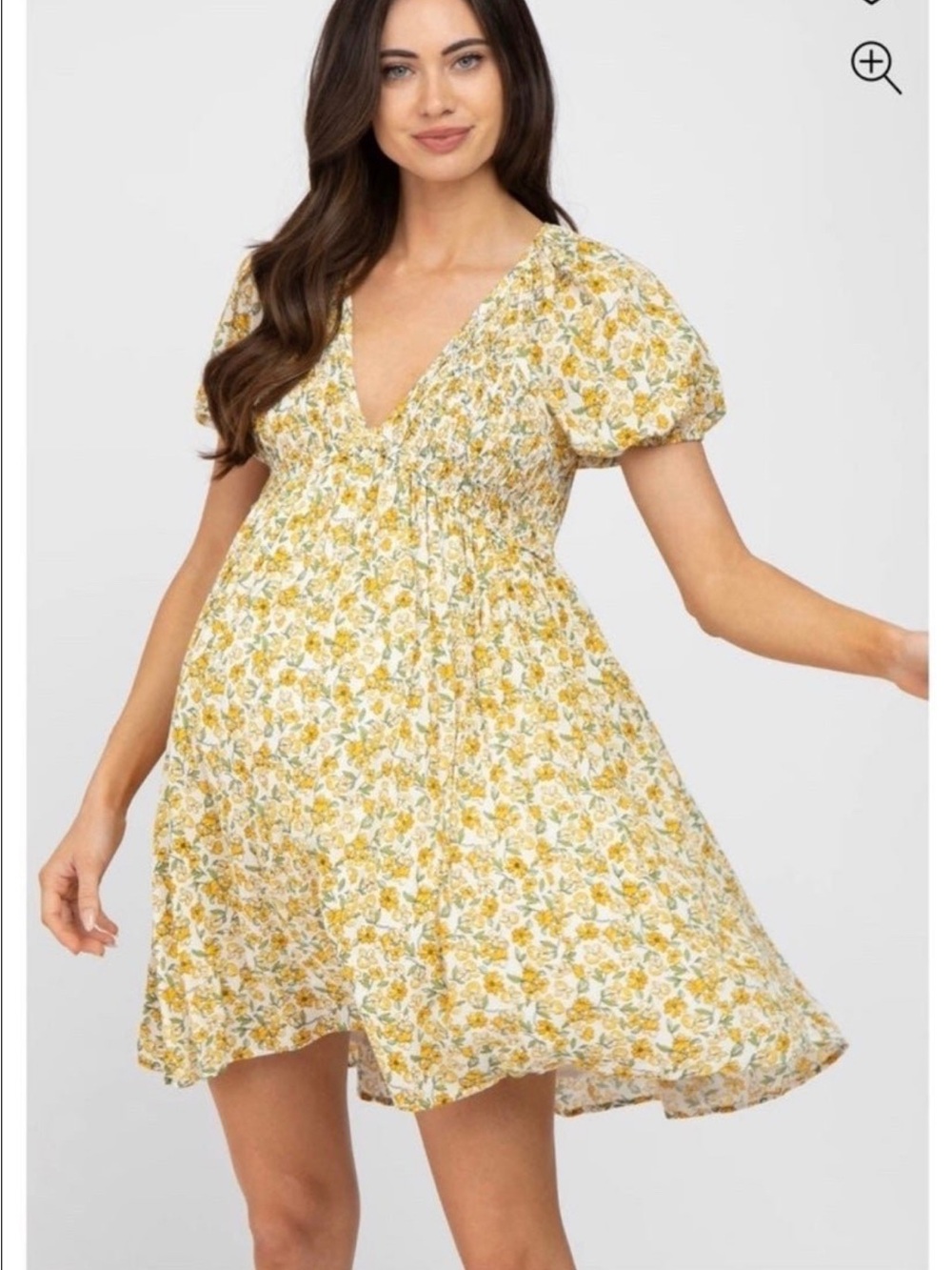 Yellow Floral Puff-Sleeve Smock Mini Dress